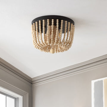 Eivissa 13" Coastal Farmhouse Iron/Wood Bead LED Flush Mount - JONATHAN Y